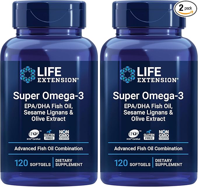 Life Extension Super Omega-3 EPA/DHA Fish Oil,Sesame Lignans & Olive Extract – Cognitive Health,Cholesterol Health Support,Gluten-Free,Non-GMO,120 Softgels,(Pack of 2)