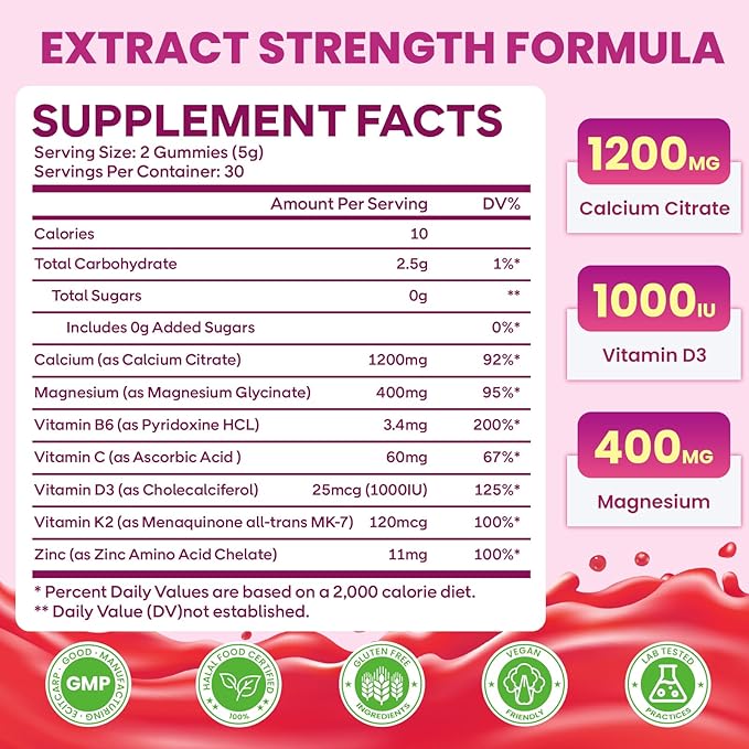 Calcium Citrate Gummies 1200mg, High Absorption Calcium Supplements for Women & Men, Sugar Free Calcium Gummies for B0ne, Muscle & Immune Support, Non-GMO, Vegan, Raspberry Flavor, 60 Count