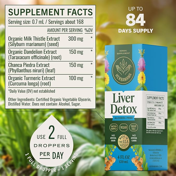 HERBAMAMA Liver Detox Liquid Drops - Vegan Liver Support with Milk Thistle, Dandelion Root, Chanca Piedra & Turmeric Tincture - Non-GMO, Alcohol & Sugar-Free Supplement - 84-Day Supply