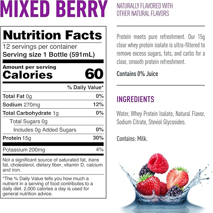 Isopure Clear Protein Water with Electrolytes, 15g Whey Protein Isolate, Zero Sugar, Mixed Berry, 20 fl oz Bottles, 12-Pack