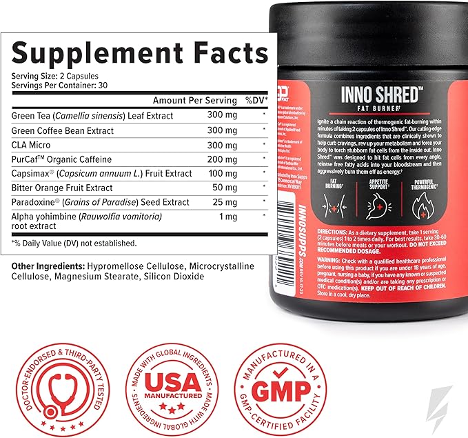 Inno Shred Thermogenic Fat Burner for Men & Women - Appetite Suppressant, Energy & Metabolism Support with Capsimax, Paradoxine, Green Tea Extract - 60 Capsules, 30 Servings