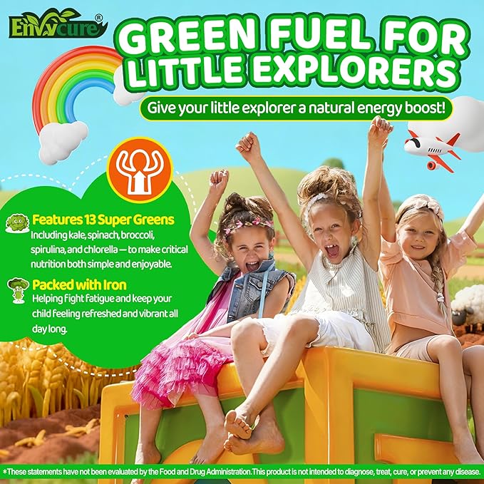 Kids Super Greens Gummies, w/Multivitamins, 20+ Veggie Fruit, Prebiotics, Calcium, Omega-3 (DHA/EPA), Kids Vitamins Greens Superfood Gummies for Picky Eaters Growth, Energy, Immune, Digestion, 2 Pack