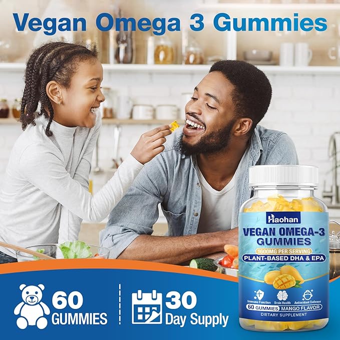 Omega-3 Gummies for Adults, Orange Flavor – Sugar-Free, Algae-Derived DHA 600mg & EPA 300mg, with Vitamins A, C, E, Zinc, 120 Gummies