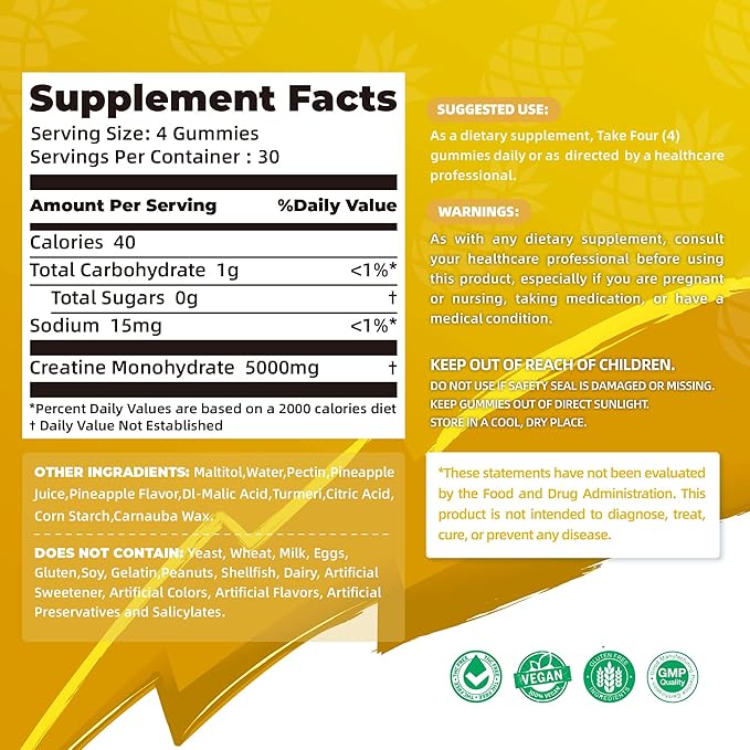 NSF Certified Creatine Gummy - Creatine Monohydrate Gummies 5000mg for Men & Women -120 Gummies Advanced Formula, Muscle Strength, Muscle Builder, Energy Boost, Pre-Workout Supplement-Pineapple