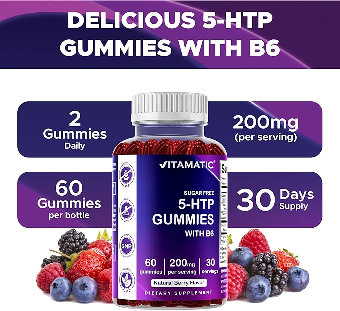 Vitamatic Sugar Free 5-HTP 200mg Gummies with B6 – 60 Pectin-Based Gummies – Mood Support & Stress Relief