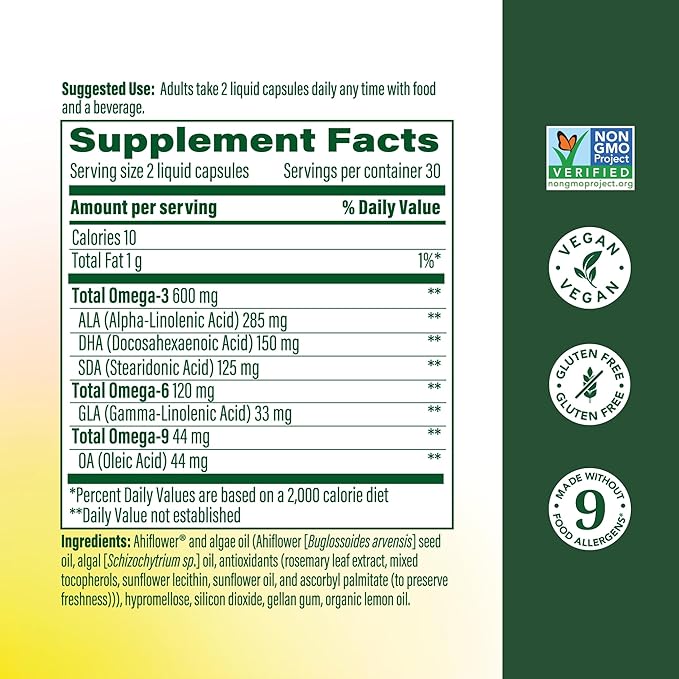 MegaFood Vegan Omega 3 6 9 - Burp-Less Supplement - 600 mg Plant-Based Omega 3 & 150 mg DHA Per Serving - Heart, Brain, Vision & Joint Support - Fish Oil Alternative - 60 Capsules, 30 Servings