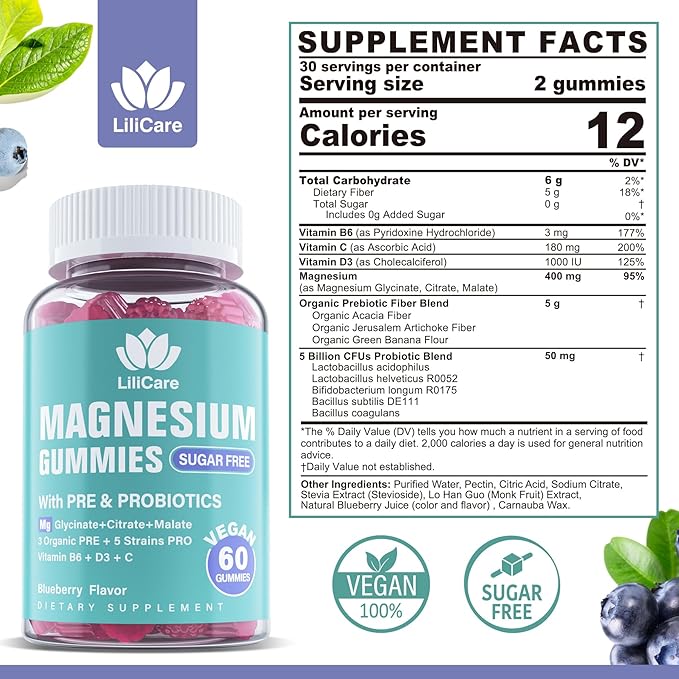 Magnesium Complex Gummies 400 mg for Women Men with Prebiotics and Probiotics, Triple Calm Magnesium Glycinate Malate Citrate Gummy Supplement for Relaxation & Digestive Health-Sugar Free, Vegan 120ct
