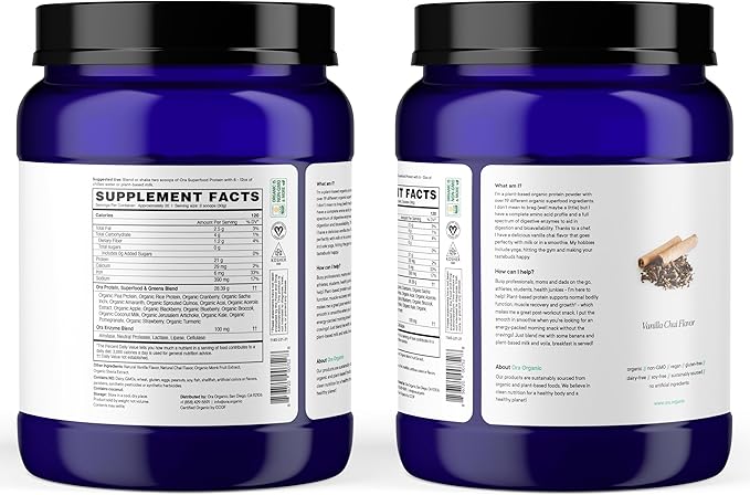 Ora Organic Vegan Protein Powder - 23g Plant-Based Protein Powder for Women and Men | Clean Protein Source, Keto Friendly, Gluten Free, Paleo, Dairy-Free, Soy-Free - Vanilla Chai - 20 Servings