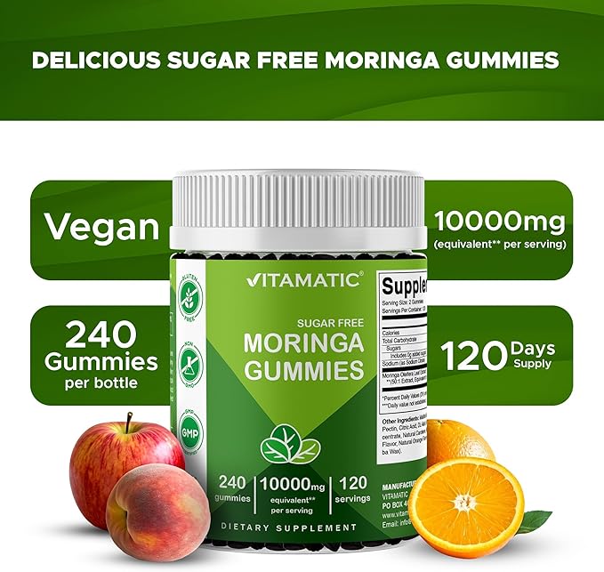 Vitamatic Moringa Gummies – Sugar-Free 50:1 Plant-Based Extract – Green Superfood – Pectin-Based, Vegan, Non-GMO – 240 Gummies