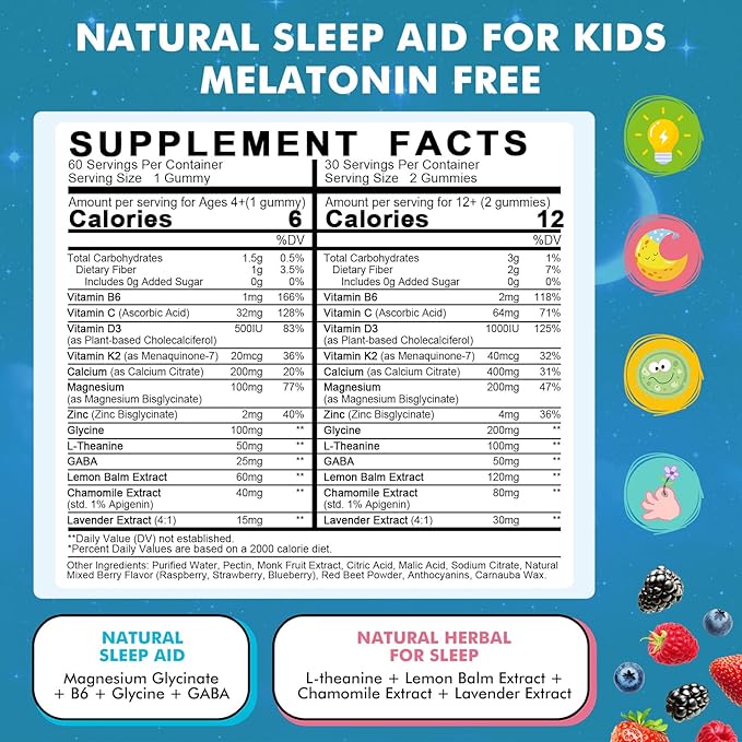 Kids Sleep Gummies with Magnesium Glycinate – Melatonin Free Bedtime Support for Kids – Calm & Relaxation with L-Theanine, GABA, Chamomile & Lemon Balm – Sugar Free Mixed Berry Flavor, 120 Gummies
