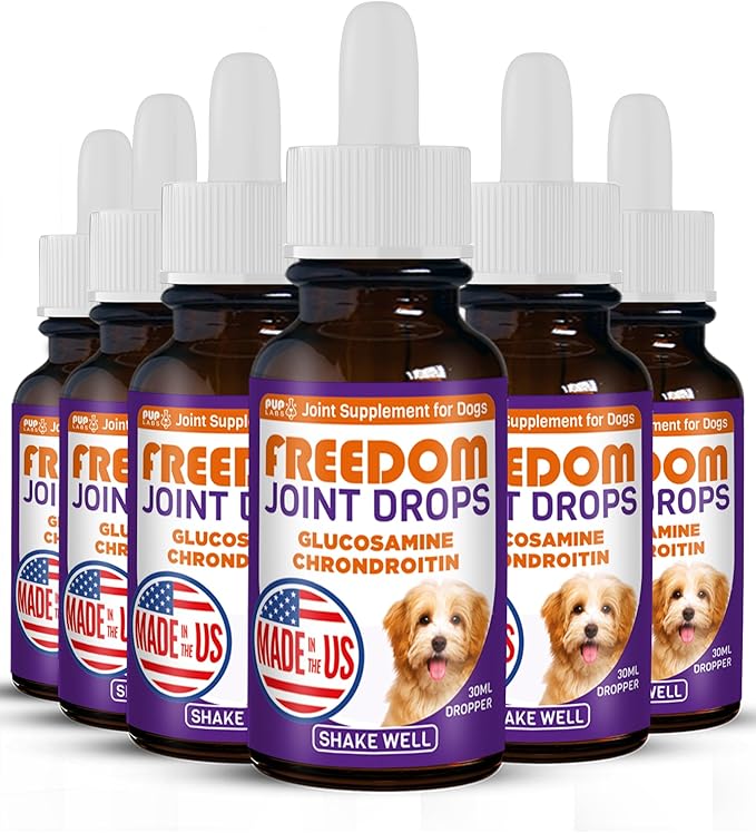 Pup Labs Freedom Joint Drops - Dog Joint Support Supplement with Human-Grade Ingredients - No Fillers, Preservatives, Additives, or Artificial Ingredients, 6 30 ml Droppers