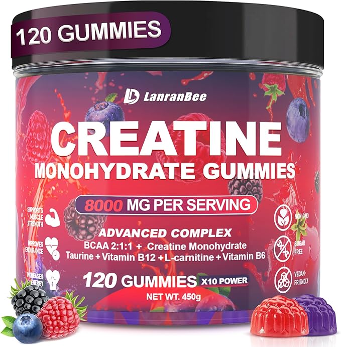 Creatine Monohydrate Gummies for Men & Women with L-Carnitine & Taurine, Sugar Free Chewable Creatine Pre-Workout Supplement for Muscle Strength, Muscle Builder, Energy Boost (Raspberry Flavor)