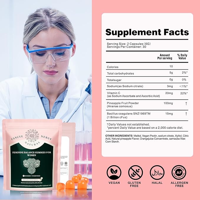 Premium Feminine Balance Gummies for Women - Hawaiian Pineapple Gummies for Women ph, Support Probiotic - Immune Health - Gluten-Free with Vegetarian Friendly - Vitamin C - 60 Count