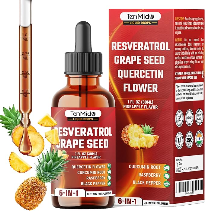 Resveratrol Supplement Liquid Drops - 6in1 with Grape Seed, Quercetin, Curcumin, Raspberry, and Black Pepper - Vegan, Non-GMO - 30ml 1 Fl Oz