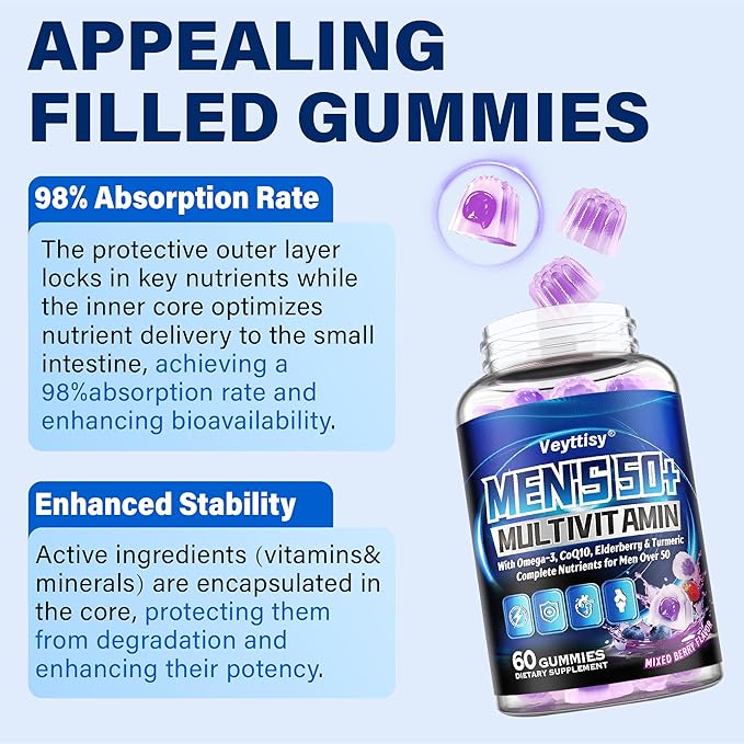 Sugar Free Multivitamin Gummies for Men 50 Plus - Methylated Multivitamin with Omega-3, CoQ10, Elderberry & Turmeric for Energy, Immune, Gut, Health Support - Vegan, Non-GMO, Gluten-Free