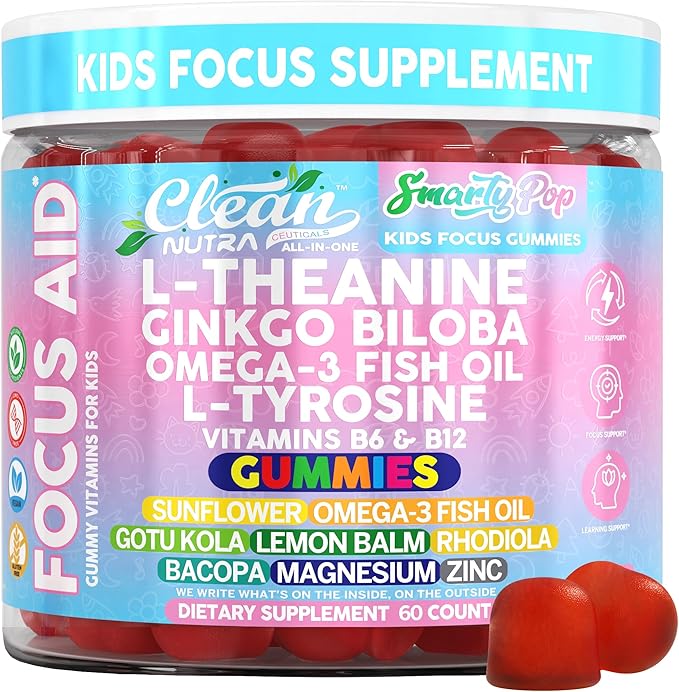 Clean Nutra Kids Focus Gummies with L-Theanine, Ginkgo Biloba, Omega-3 Fish Oil, L-Tyrosine, Vitamin B6, B12 – 60 Count, Clean Label, Non-GMO, Vegan-Friendly SmartyPop Formula for Kids Support