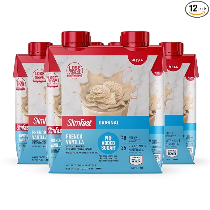 SlimFast Meal Replacement Shake, Original French Vanilla, No Added Sugar, Meal Replacement Shakes, 10g Ready to Drink Protein, 5g Fiber, 25 Vitamins and Minerals, 11 Fl. Oz, 12 Count