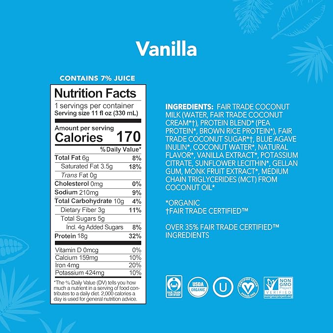 ALOHA Organic Plant-Based Protein Drink – Vanilla Flavor | GLP-1 Friendly with 18g Protein, 5g Sugar, 3g Fiber | Made w/Creamy Coconut Milk, No Stevia | Vegan, Non-GMO, Gluten-Free, 11oz (12 Pack)