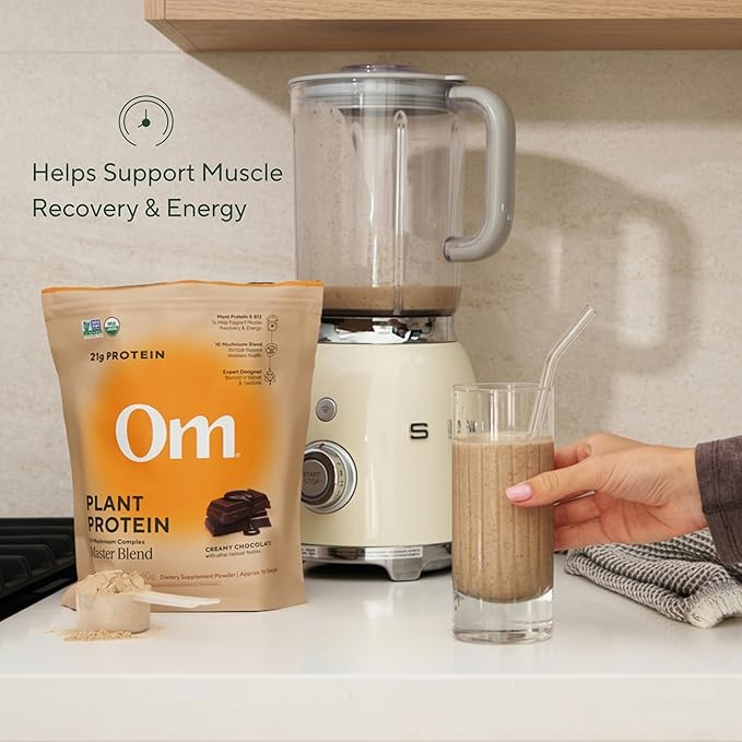 OM MUSHROOM SUPERFOOD Master Blend Vegan Protein – Organic Chocolate Plant Protein with 10 Mushrooms, Ashwagandha, BCAAs & B12 – Energy, Recovery & Immune Support – 1.2 lb (16 Servings)