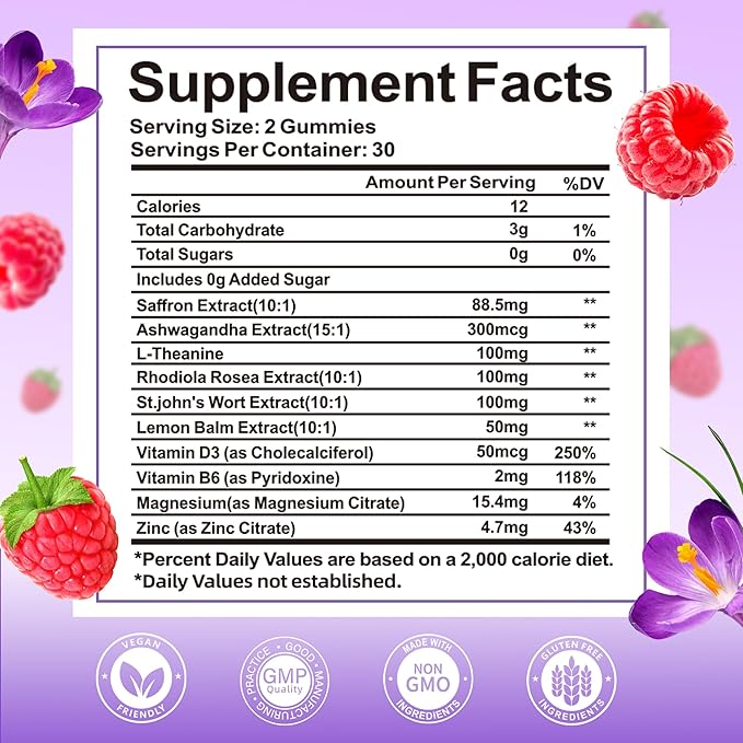 Saffron Gummies for Adults & Kids, Saffron Supplements with 88.5mg Saffron Extract, Ashwagandha, L-Theanine for Relaxation, Focus and Mood Support, Sugar Free, 60 Count