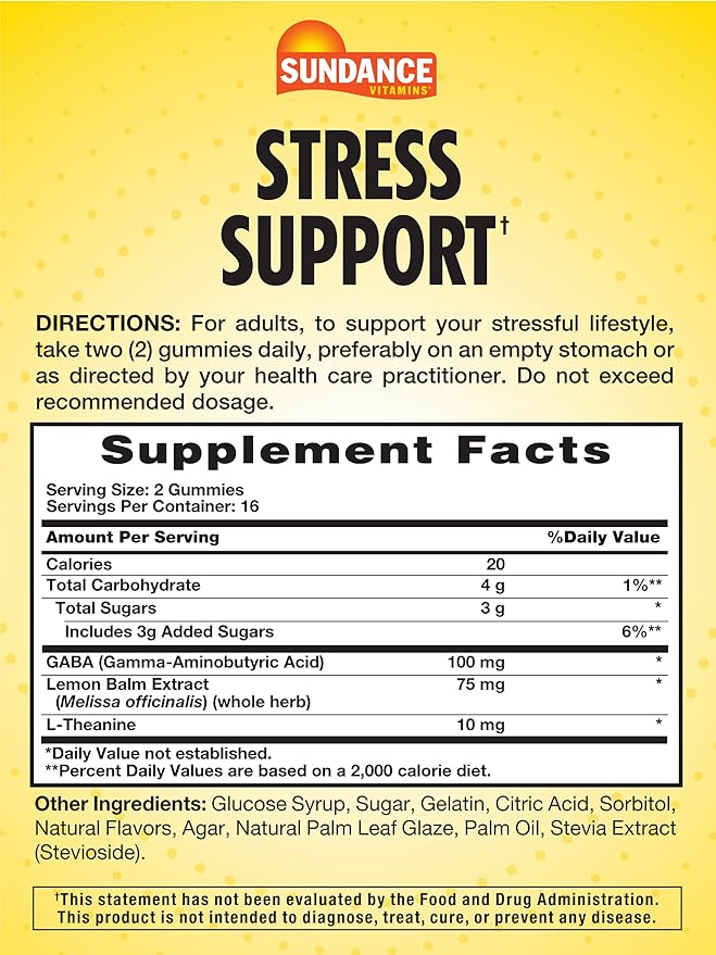 Sundance Stress Support Gummies | with GABA and Lemon Balm | Lemon Strawberry Flavor | 32 Count | Non-GMO & Gluten Free
