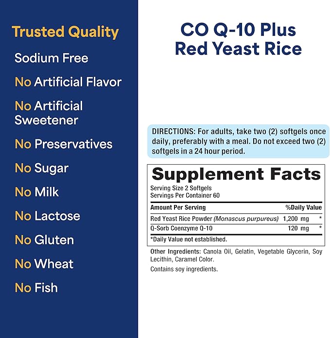 Puritan's Pride Q-Sorb™ Coenzyme CoQ10 Dietary Supplement for Heart Health, Oral Gum Health & Healthy Aging Support, Plus Red Yeast Rice for Improved Digestion, 120 Rapid Release Softgels,(Pack of 2)