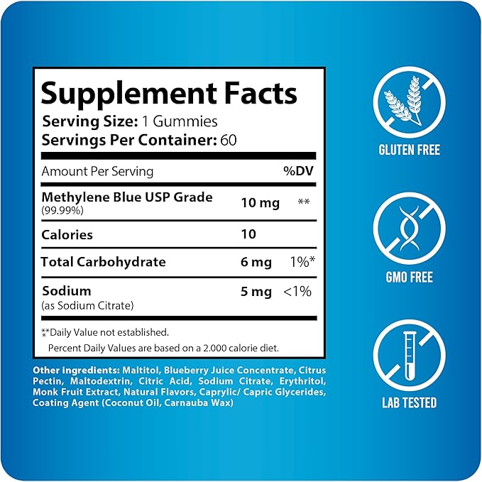 Methylene Blue Gummies USP Grade 2%, 60 Days Supply, Proudly USA Company, Vegan, Non-GMO 60 Cnts