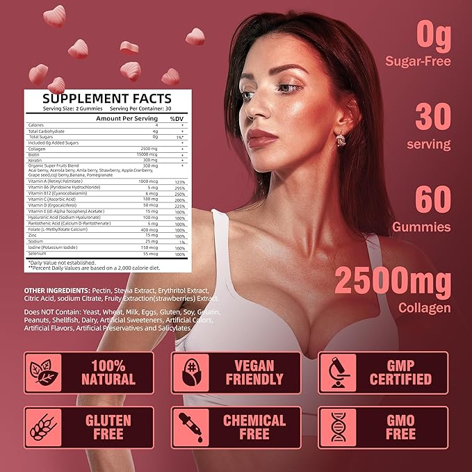 VIFSSG Collagen Peptide Gummies for Women,60 Gummies Sugar-Free Hydrolyzed, Extra Strength 2500mg Protein Type I,II,III,V,X with 15000mcg Biotin and Vitamin A B6 B12 C D E for Hair Skin Nail