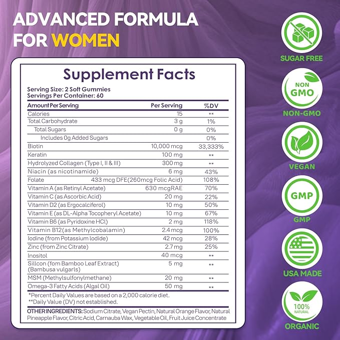 Hair Growth Multivitamins Gummies Sugar Free Biotin Gummies 10000mcg with Collagen, Keratin, Silicon, MSM & Omega-3 Vegan Hair Growth Supplement for Women - 120 Gummies - 60 Servings
