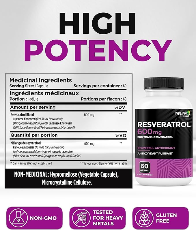 Renew Actives Resveratrol Supplement 600mg per Serving - High-Potency Antioxidant Complex with 50% Trans-Resveratrol – Supports Cellular Health & Longevity - Made in Canada – 60 Vegan Capsules