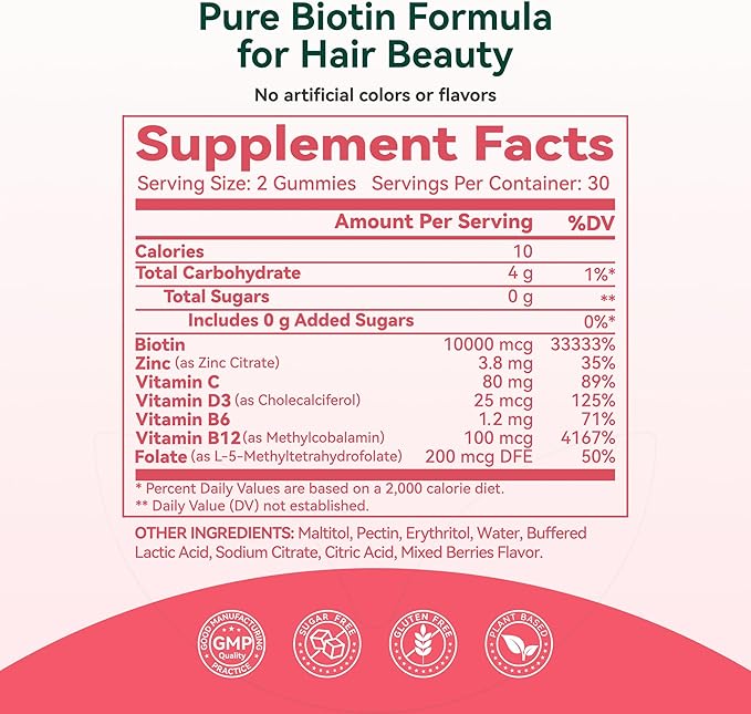 Inner Brightness Biotin Gummies 10,000 mcg – Hair, Skin and Nails Support for Women & Men – with Vitamins C, D3, B6, B12 & Folate – Mixed Berry Flavor, Sugar Free, 120 Count (2 Pack)