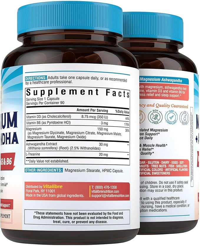 Magnesium Complex with Ashwagandha & L-Theanine - Stress Relief, Bone & Relaxation Support - w/Vitamin D3, B6 - Glycinate, Citrate, Malate, Taurate - 90 Vegan Capsules, Non-GMO, Gluten Free