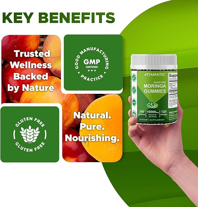 Vitamatic Moringa Gummies – Sugar-Free 50:1 Plant-Based Extract – Green Superfood – Pectin-Based, Vegan, Non-GMO – 240 Gummies