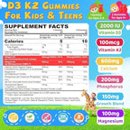 Vitamin D3 K2 Gummies for Kids + Calcium, Magnesium, Zinc, Phosphorus, Vitamin C, Kids Multivitamin D3 & K2 Supplement for Bṏne Health, Calcium Absorption, Focus & Immunity, Non GMO, Sugar Free, 60Cts