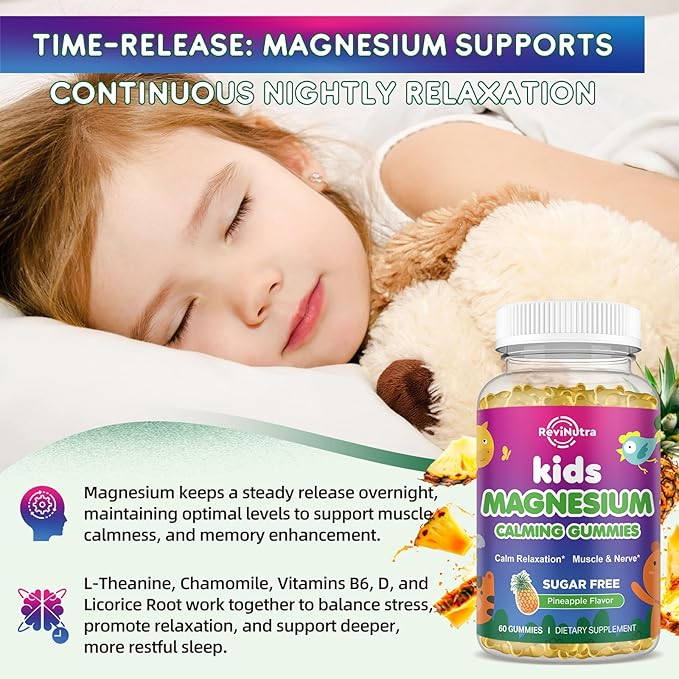 2 Pack Kids Magnesium Gummies, Magnesium Glycinate Gummies for Kids & Adults with L-Theanine, Chamomile, Licorice, Vitamin D, B6 for Sleep, Relaxation, Brain & Muscle, Sugar Free Pineapple