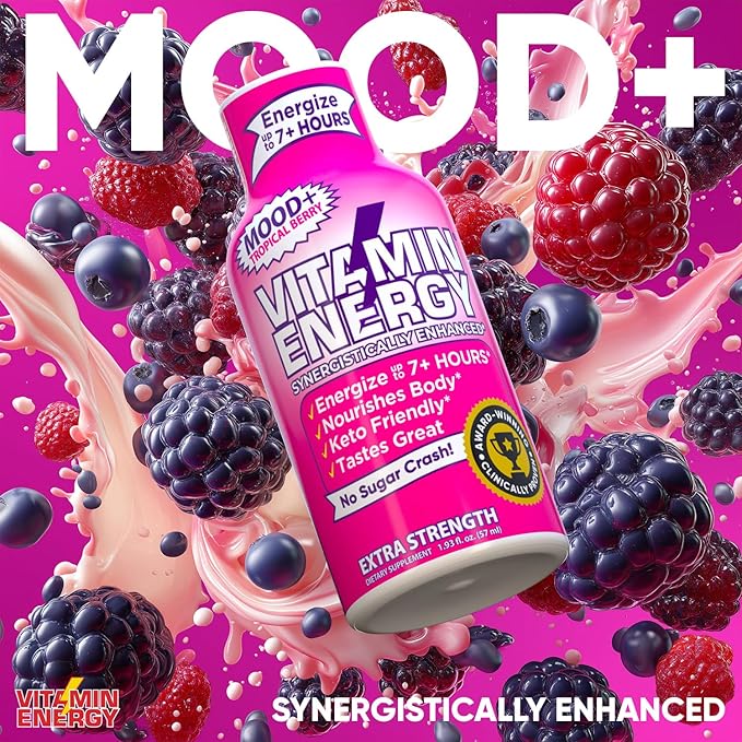 Vitamin Energy Mood+ Extra Strength Energy Shot Tropical Berry 10 Pack, 260mg Natural Caffeine, B-Vitamins, Rhodiola, Chamomile, Mood & Energy Support, Zero Sugar, Gluten-Free, Vegan, 1.93 fl oz