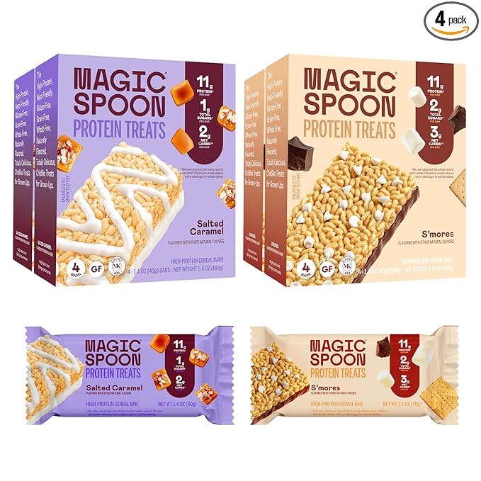 Magic Spoon Treats - 16 High Protein Bars: 8 Salted Caramel & 8 Smores - High Protein Gluten Free Snack - Sugar & Gluten Free Protein Cereal Bar - Low Carb, Keto Friendly - Healthy Snacks