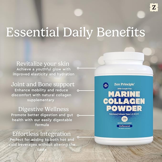 Zen Principle Marine Collagen Peptides Powder 3 lb. Wild-Caught Fish, Non-GMO. Supports Healthy Skin, Hair, Joints and Bones.Hydrolyzed Types I, II, III, and IV Protein. Amino Acids. Easy to Mix.