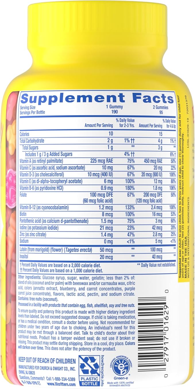 L'il Critters Gummy Vites Daily Kids Multivitamins Assorted Fruit Flavors for Ages 2+ Toddlers & Kids, Gummy Vitamin with Vitamin C and D, 95-190 Day Supply, 190 Gummies