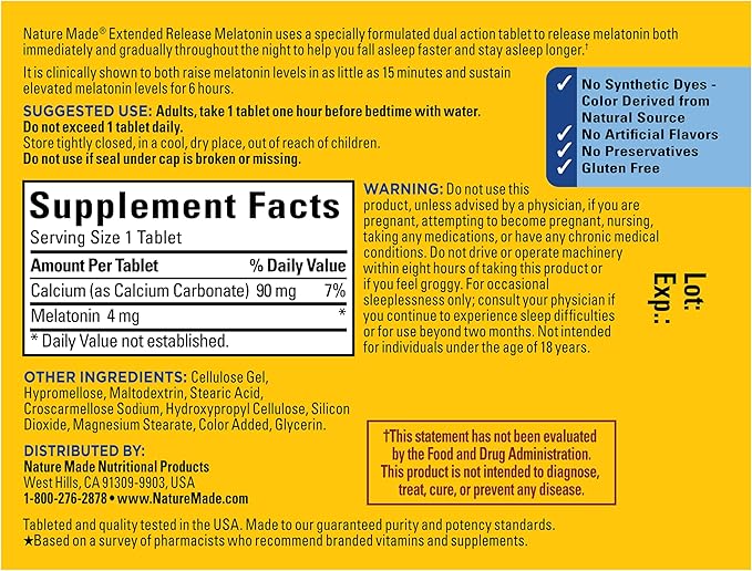 Nature Made Melatonin 4mg Extended Release Tablets, Sleep Supplements for Adults, 100% Drug Free Sleep Aid, 90 Count, 90 Day Supply