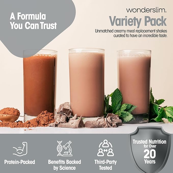 WonderSlim Meal Replacement Shake, Variety Pack, 15g Protein, 24 Vitamins & Minerals, Gluten Free (7ct)