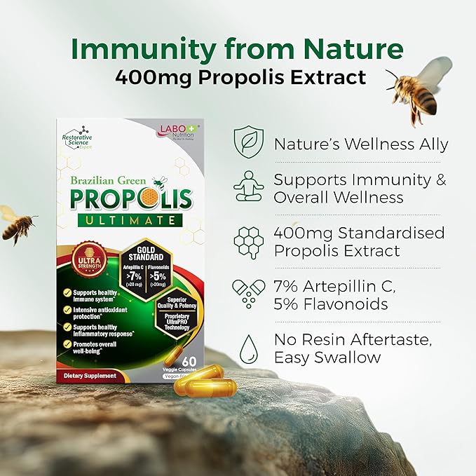 LABO Nutrition Brazilian Green Propolis Ultimate - Contains >7% or 28mg per Serving Artepillin C & >5% Flavonoids, for Immune & Brain Support, Natural, High Concentrate & Premium, 60 Veg Capsules