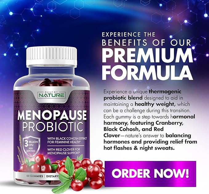 Menopause Supplements for Women - Menopause Probiotic Gummy - Women’s Menopause Relief for Hot Flashes, Night Sweats & Mood Swings with Black Cohosh & Cranberry - Non-GMO, Vegan - 60 Gummies
