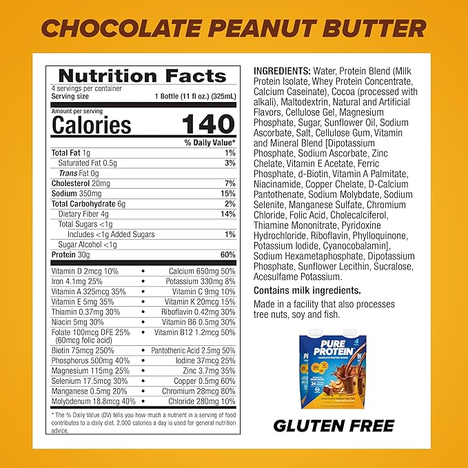 Pure Protein Complete Shake, Chocolate Peanut Butter, 30g High Protein-Drink, Less than 1g Sugar, 3g Fiber, Ready to Drink, Non GMO, On-the-Go Shakes, 11oz Bottles, (Pack of 24)