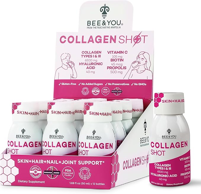 Bee and You Collagen Liquid Shot Drink with Vitamin C, Propolis Extract, Hyaluronic Acid, Biotin, Promotes Skin, Hair, Nail and Joint Health, 1.69 fl. Oz x 12 Pack