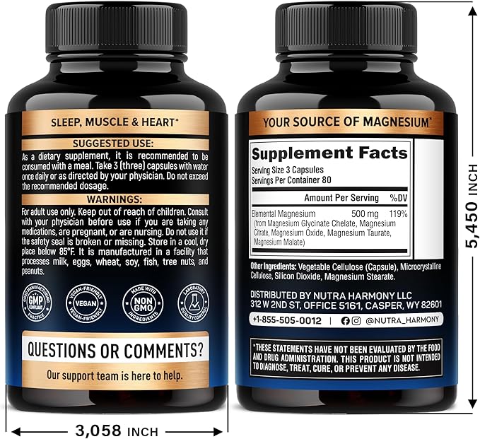 Magnesium Supplement - 5 in 1 Complex 500 mg | Glycinate | Citrate | Malate | Taurate | Oxide - Made in USA - Stress, Muscle & Heart Support - Vegan, Natural, Non-GMO - 240 Capsules