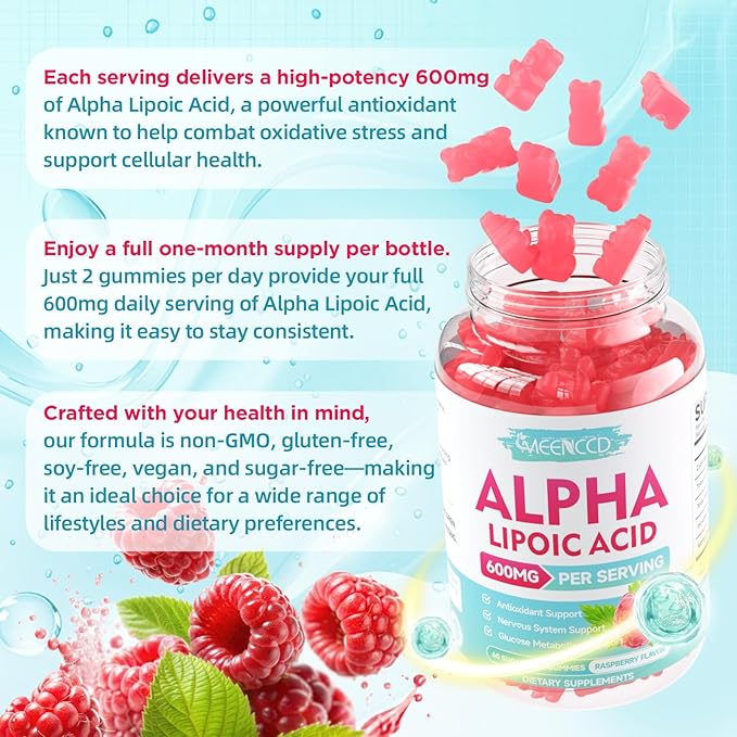 MEENCCD Alpha Lipoic Acid Gummies 600mg - ALA Supplement for Antioxidant Support, Vegan, Sugar-Free, Raspberry Flavor, 60 Count