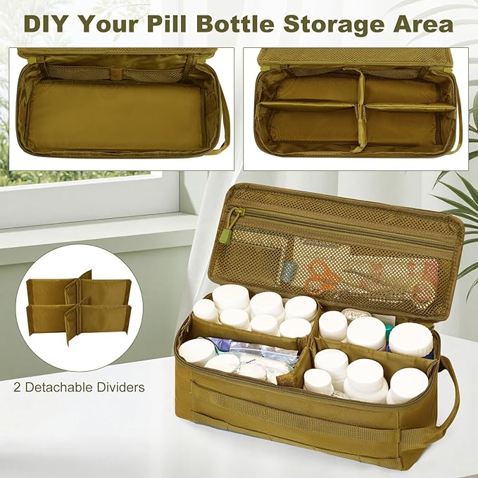 First Aid Bag Empty Pill Box Organizer,Tactical Medical Bag Case,Portable EDC Travel Medicine Pill Bottle Organizer (Brown)