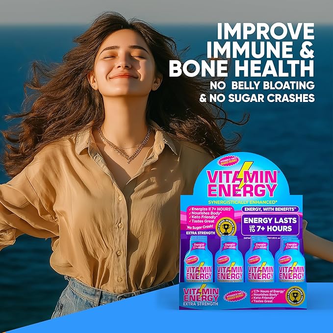 Vitamin Energy Vitamin D Extra Strength Energy Shot Mixed Berry 8 Pack, 260mg Natural Caffeine, B-Complex, Vitamin D, Wellness Support, Keto, Zero Sugar, Gluten-Free Vegan Kosher, 1.93 fl oz