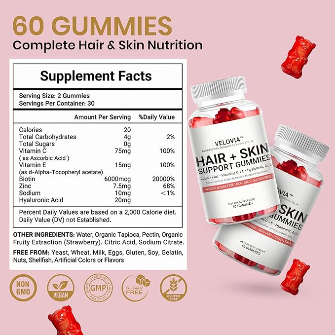 Hair, Skin & Nails Gummies for Women & Men – Sugar-Free Biotin with Hyaluronic Acid – Vegan Hair & Skin Support – 60 Gummies (30 Day Supply)